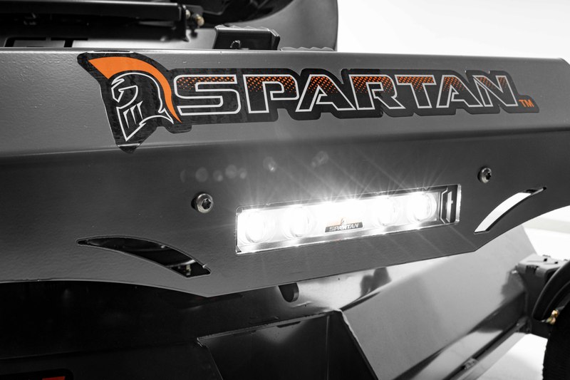 Front view of Spartan mower with logo and headlights