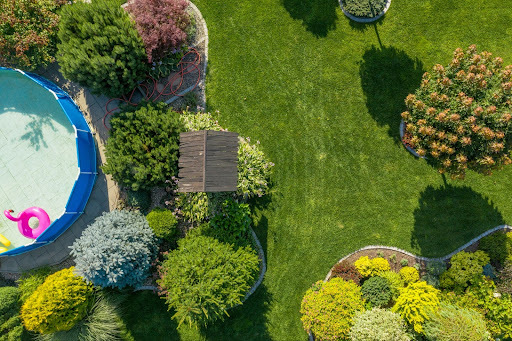Aerial view of well kept lawn with trees and swimming pool